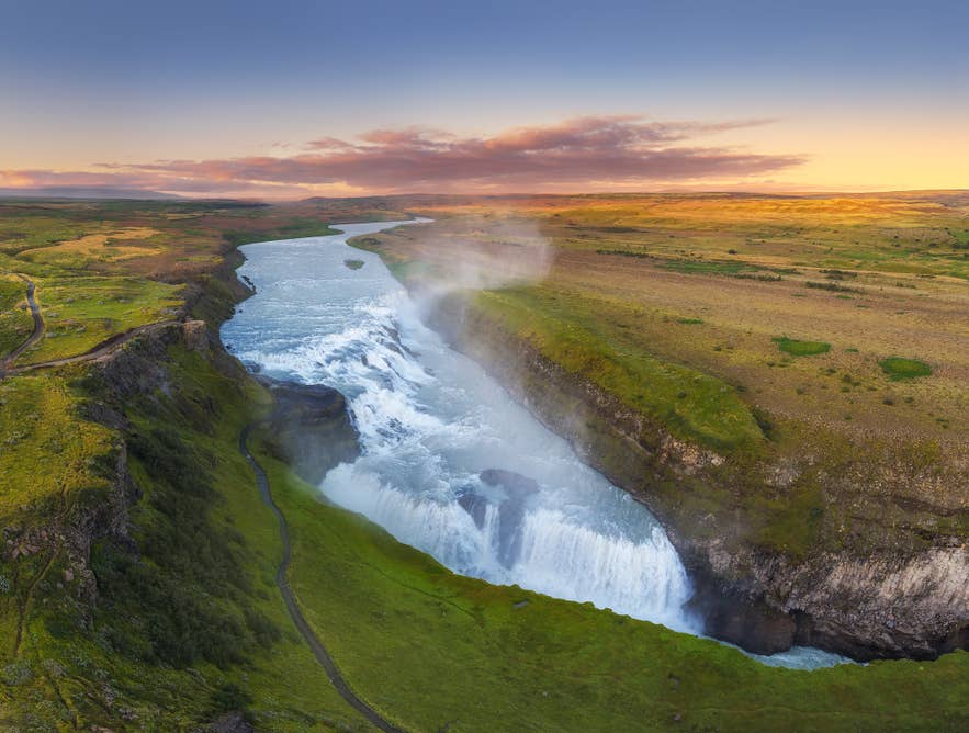 Aerial view of Gullfoss Waterfall and the Hvita River canyon on the Golden Circle in Iceland