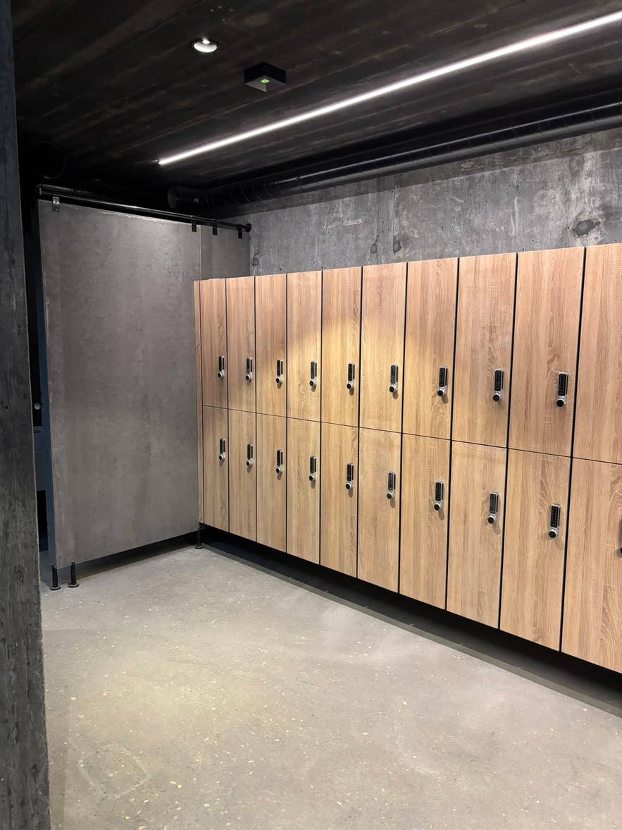Wooden lockers in the new changing facility at Hrunalaug Hot Spring