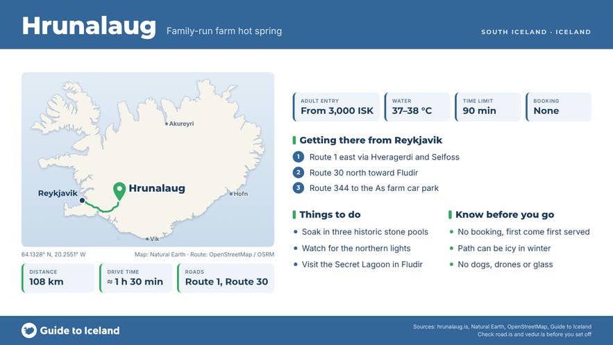 Hrunalaug Hot Spring infographic with map, prices, opening hours, and driving directions from Reykjavik