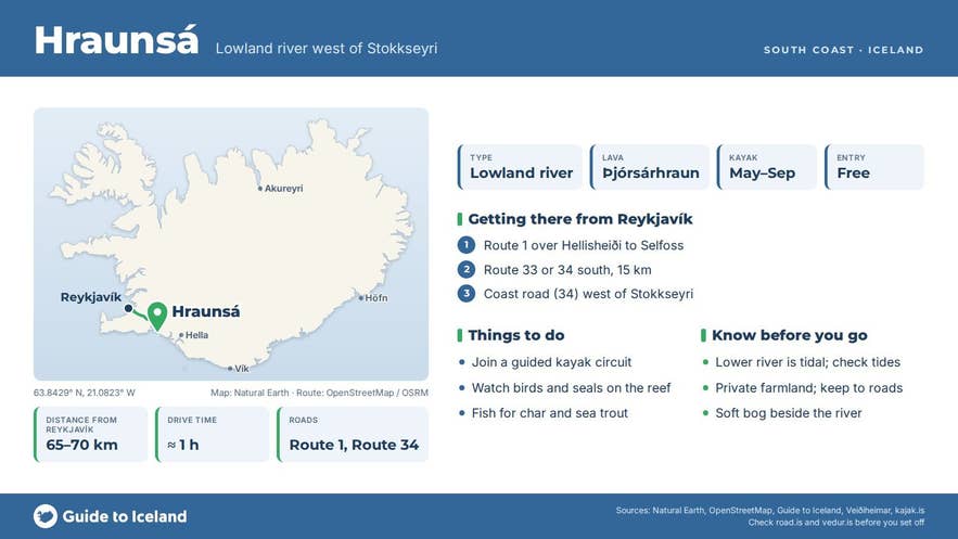 Infographic about Hraunsa River at Stokkseyri: key facts, directions, things to do and what to know before you go, with a map of Iceland Infographic about Hraunsa River at Stokkseyri: key facts, directions, things to do and what to know before you go, with a map of Iceland