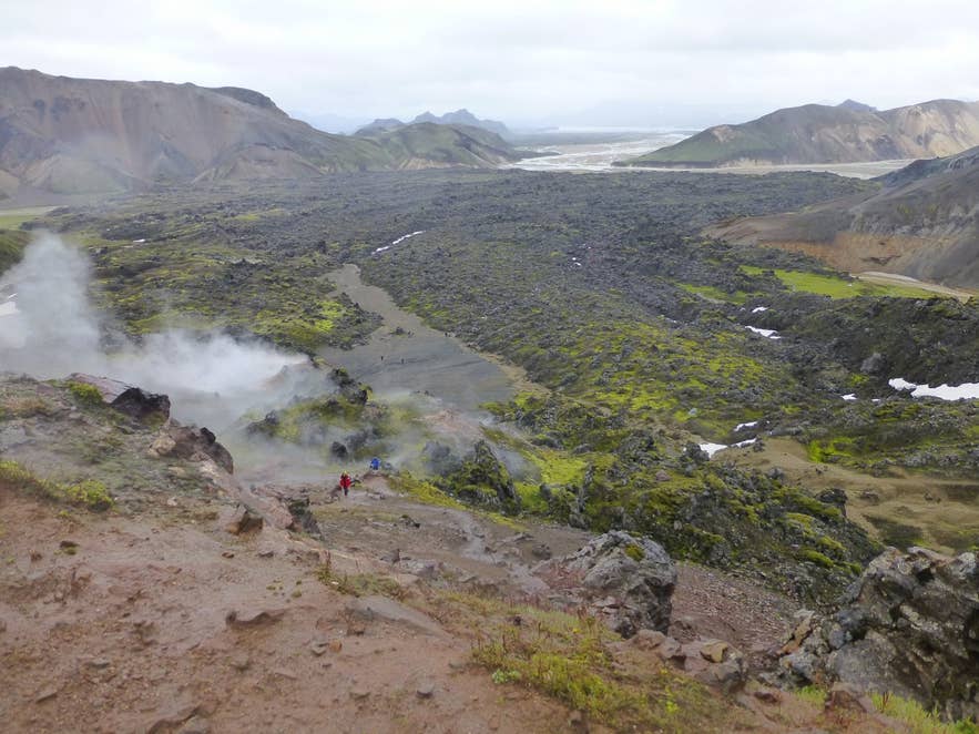 View across the black Laugahraun lava field toward Landmannalaugar from Brennisteinsalda View across the black Laugahraun lava field toward Landmannalaugar from Brennisteinsalda