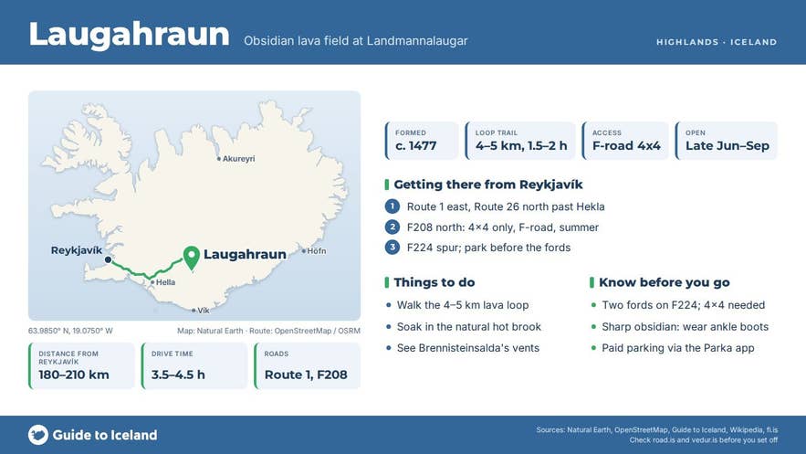 Infographic about Laugahraun: key facts, directions, things to do and what to know before you go, with a map of Iceland Infographic about Laugahraun: key facts, directions, things to do and what to know before you go, with a map of Iceland