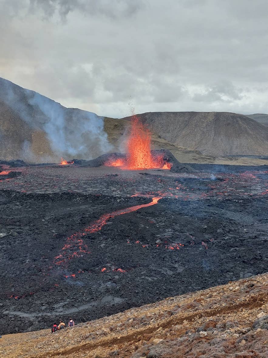 Lava fountain and fresh lava flows in Meradalir valley, August 2022