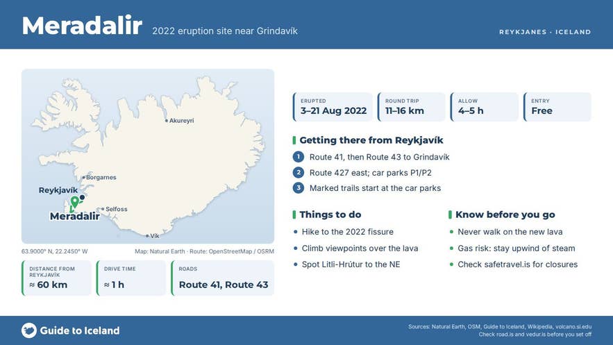 Infographic about Meradalir: key facts, directions, things to do and what to know before you go, with a map of Iceland