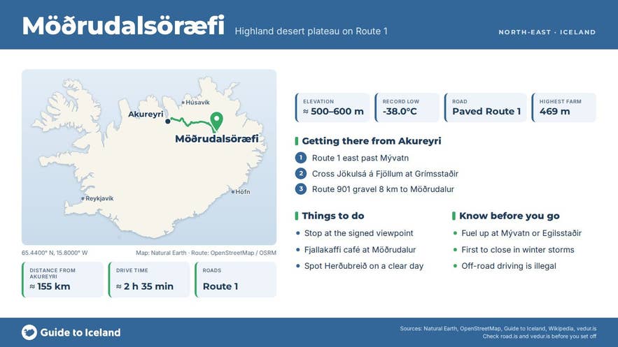 Infographic about Möðrudalsöræfi: key facts, directions, things to do and what to know before you go, with a map of Iceland