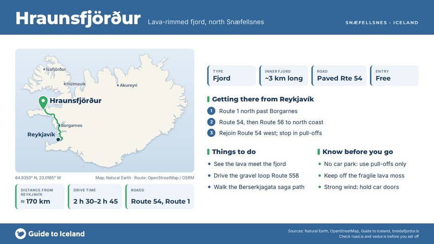 Infographic about Hraunsfjörður: key facts, directions, things to do and what to know before you go, with a map of Iceland