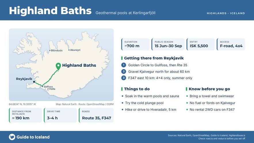 Infographic about Hálendisböðin: key facts, directions, things to do and what to know before you go, with a map of Iceland