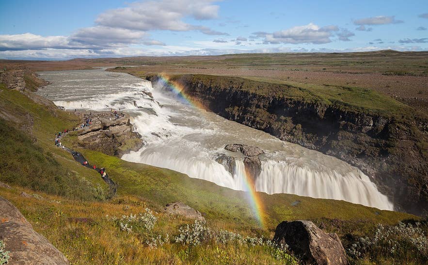 Gullfoss and the Hvítá canyon below it with a rainbow in the spray Gullfoss and the Hvítá canyon below it with a rainbow in the spray