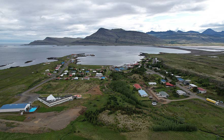 Aerial view of Breiðdalsvík village and cove with the Breiðdalsá estuary and sand spit Aerial view of Breiðdalsvík village and cove with the Breiðdalsá estuary and sand spit