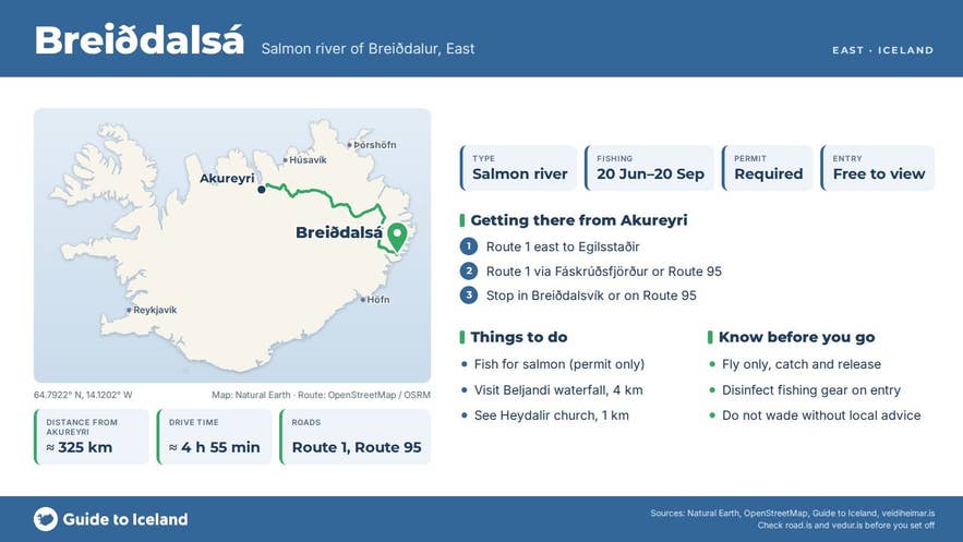 Infographic about Breiðdalsá: key facts, directions, things to do and what to know before you go, with a map of Iceland Infographic about Breiðdalsá: key facts, directions, things to do and what to know before you go, with a map of Iceland