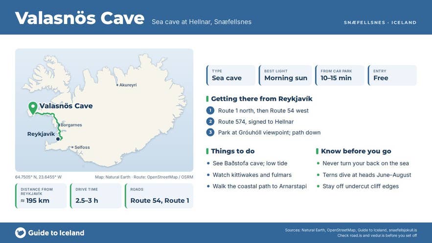 Infographic about Valasnös and Baðstofa: key facts, directions, things to do and what to know before you go, with a map of Iceland