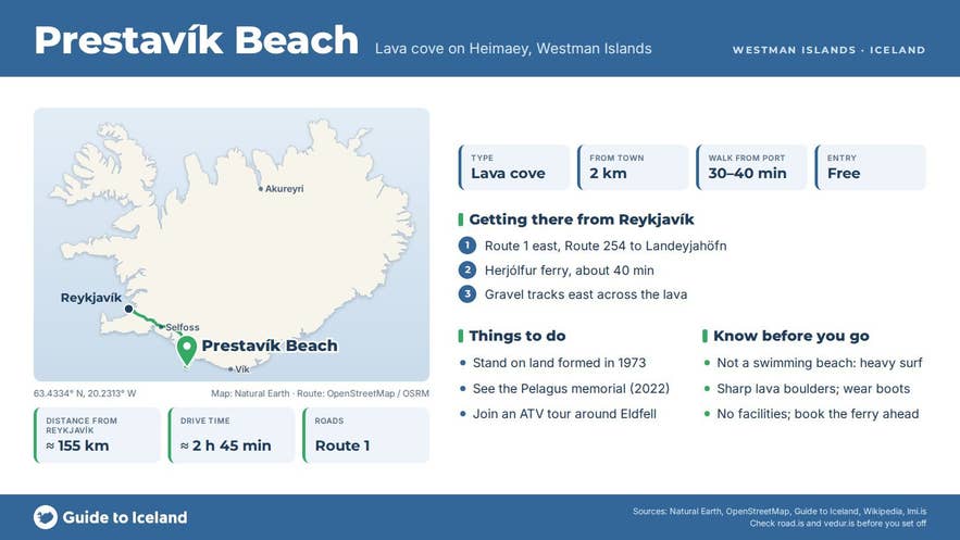 Infographic about Prestavík: key facts, directions, things to do and what to know before you go, with a map of Iceland
