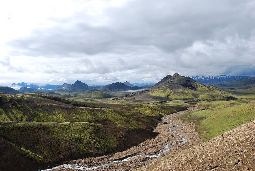 Grashagakvísl river valley seen from above with Álftavatn lake in the distance