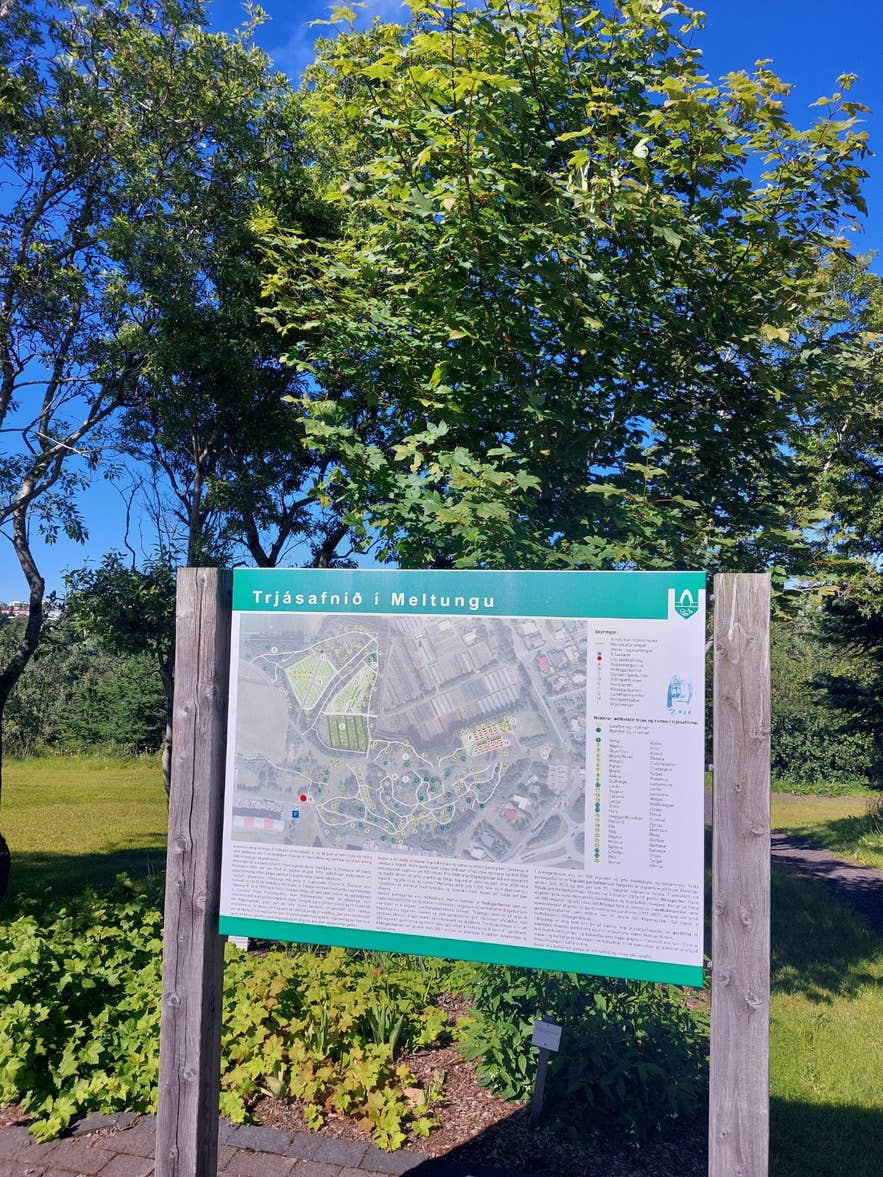 Information board of the Meltunga arboretum (Trjásafnið í Meltungu) in Fossvogsdalur