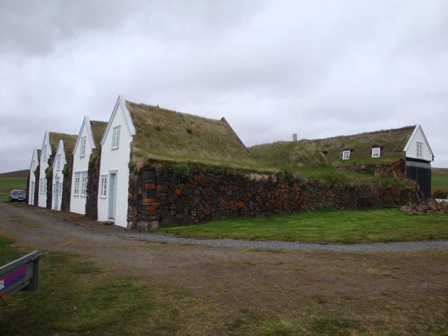 Turf farmhouse with white gables at Grenjaðarstaður folk museum in Aðaldalur Turf farmhouse with white gables at Grenjaðarstaður folk museum in Aðaldalur