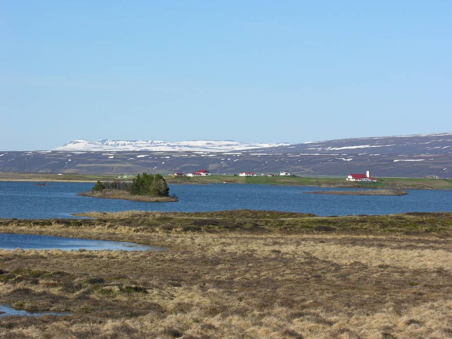 Vestmannsvatn lake with a wooded island and farms, southern Aðaldalur, from Route 845 Vestmannsvatn lake with a wooded island and farms, southern Aðaldalur, from Route 845
