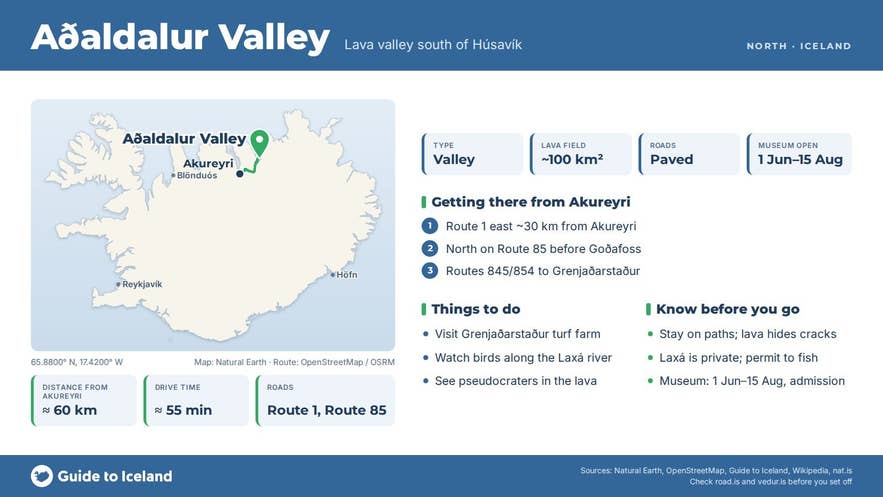 Infographic about Aðaldalur: key facts, directions, things to do and what to know before you go, with a map of Iceland Infographic about Aðaldalur: key facts, directions, things to do and what to know before you go, with a map of Iceland