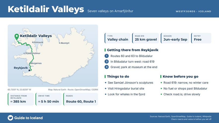 Infographic about Ketildalir: key facts, directions, things to do and what to know before you go, with a map of Iceland