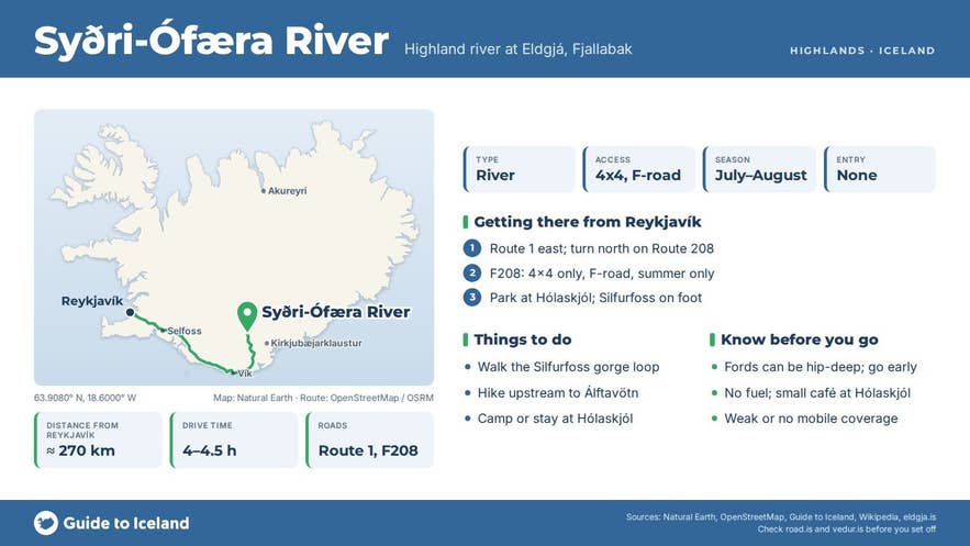 Infographic about Syðri-Ófæra: key facts, directions, things to do and what to know before you go, with a map of Iceland