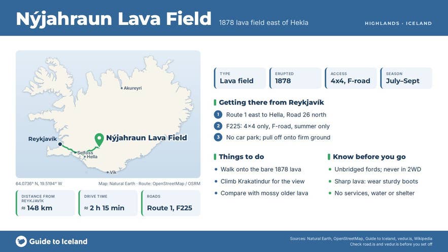 Infographic about Nýjahraun: key facts, directions, things to do and what to know before you go, with a map of Iceland Infographic about Nýjahraun: key facts, directions, things to do and what to know before you go, with a map of Iceland