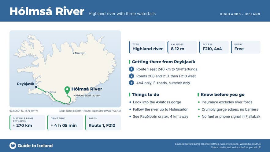 Infographic about Hólmsá: key facts, directions, things to do and what to know before you go, with a map of Iceland Infographic about Hólmsá: key facts, directions, things to do and what to know before you go, with a map of Iceland
