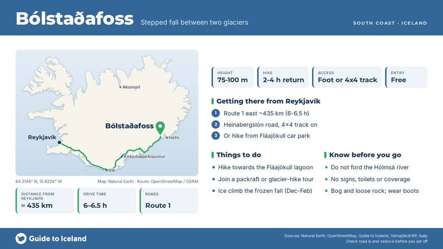 Infographic about Bólstaðafoss: key facts, directions, things to do and what to know before you go, with a map of Iceland