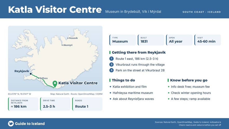 Infographic about Kötlusetur: key facts, directions, things to do and what to know before you go, with a map of Iceland
