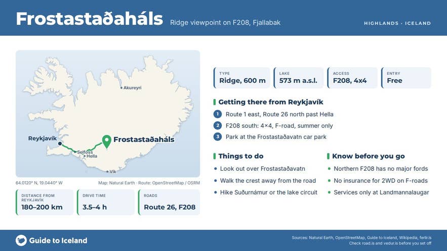 Infographic about Frostastaðaháls: key facts, directions, things to do and what to know before you go, with a map of Iceland