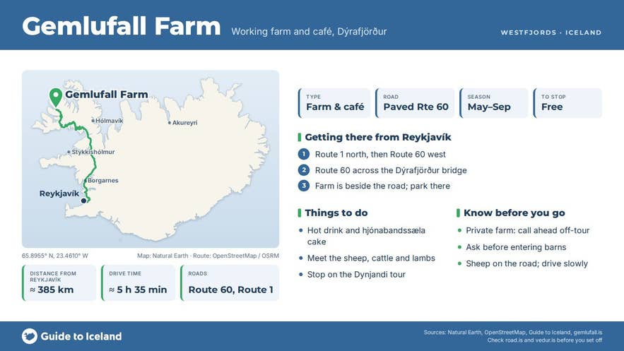 Infographic about Gemlufall: key facts, directions, things to do and what to know before you go, with a map of Iceland