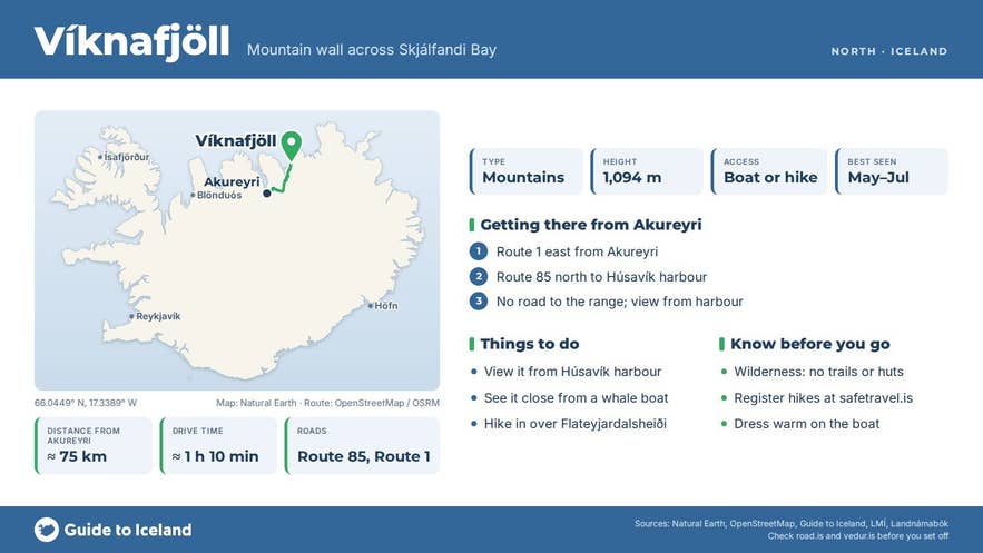 Infographic about Víknafjöll: key facts, directions, things to do and what to know before you go, with a map of Iceland