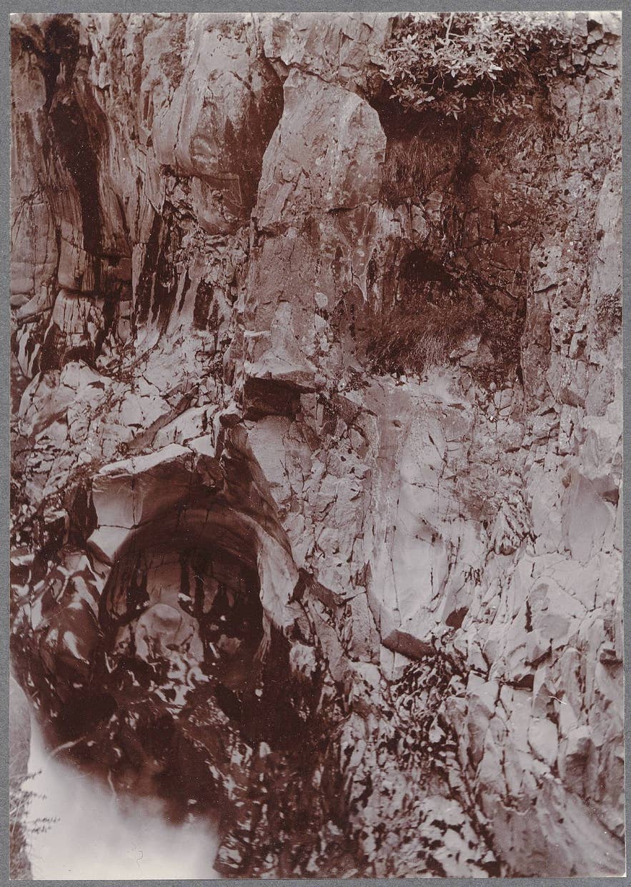 Potholes in the rock of Glerárgil gorge, Akureyri, photographed around 1900