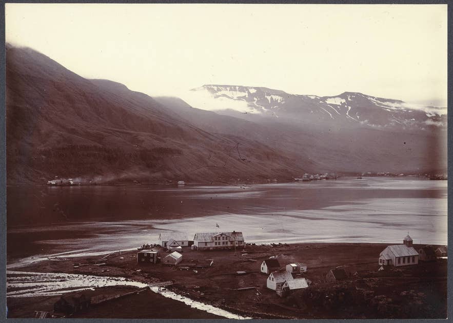 Vestdalseyri village with its church around 1900, seen from below Vestdalsfoss, Seyðisfjörður
