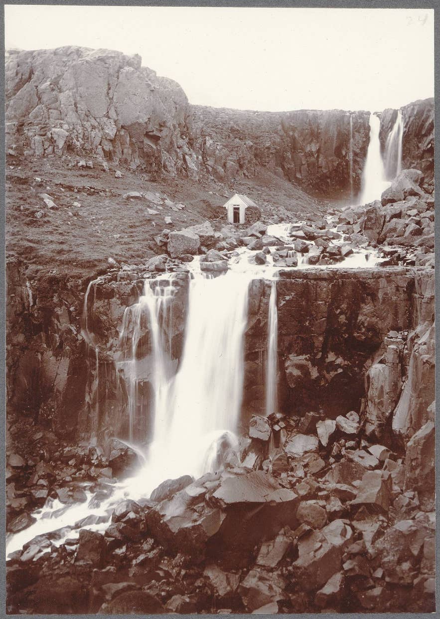 Vestdalsfoss waterfall above Vestdalseyri, Seyðisfjörður, photographed around 1900