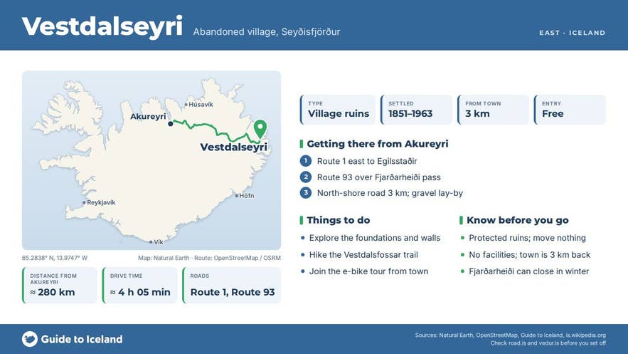 Infographic about Vestdalseyri: key facts, directions, things to do and what to know before you go, with a map of Iceland