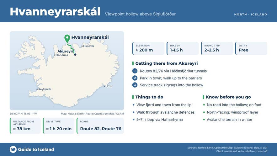 Infographic about Hvanneyrarskál: key facts, directions, things to do and what to know before you go, with a map of Iceland