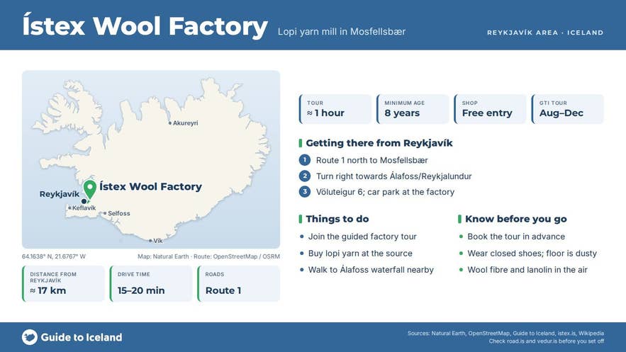 Infographic about Ístex: key facts, directions, things to do and what to know before you go, with a map of Iceland