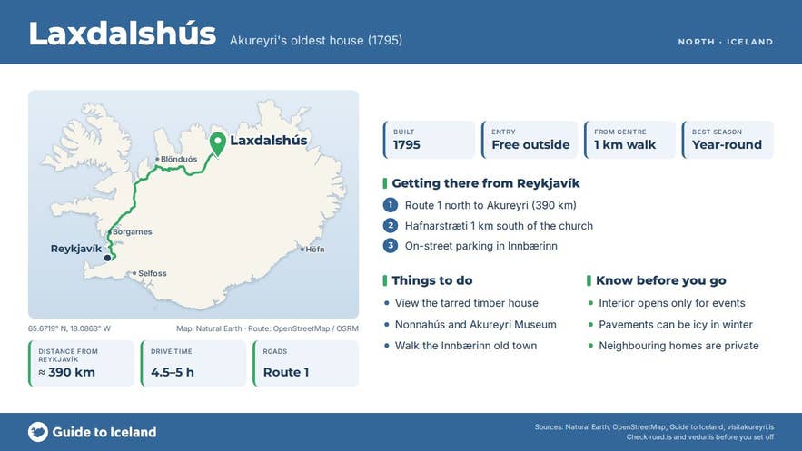Infographic about Laxdalshús: key facts, directions, things to do and what to know before you go, with a map of Iceland