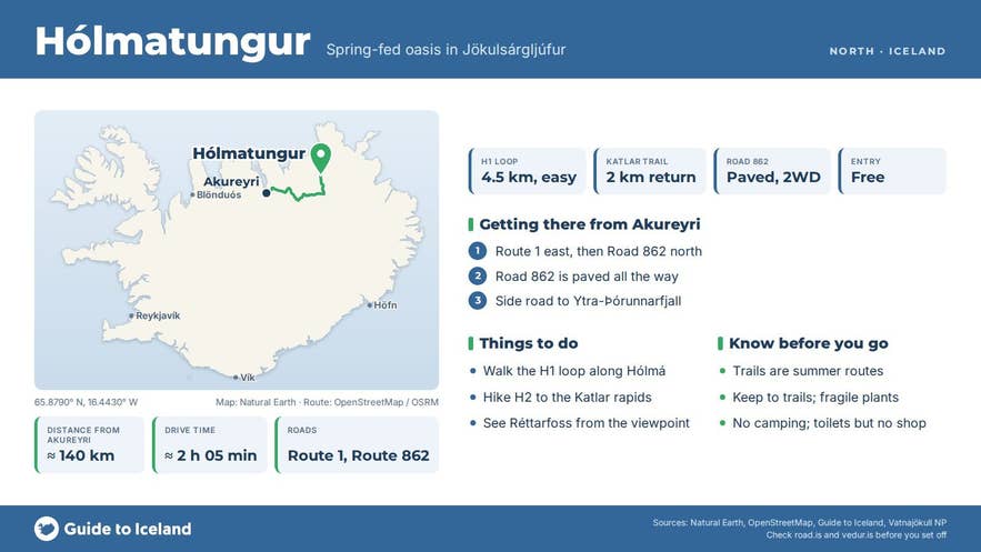 Infographic about Hólmatungur: key facts, directions, things to do and what to know before you go, with a map of Iceland