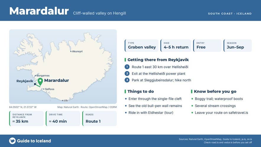 Infographic about Marardalur: key facts, directions, things to do and what to know before you go, with a map of Iceland