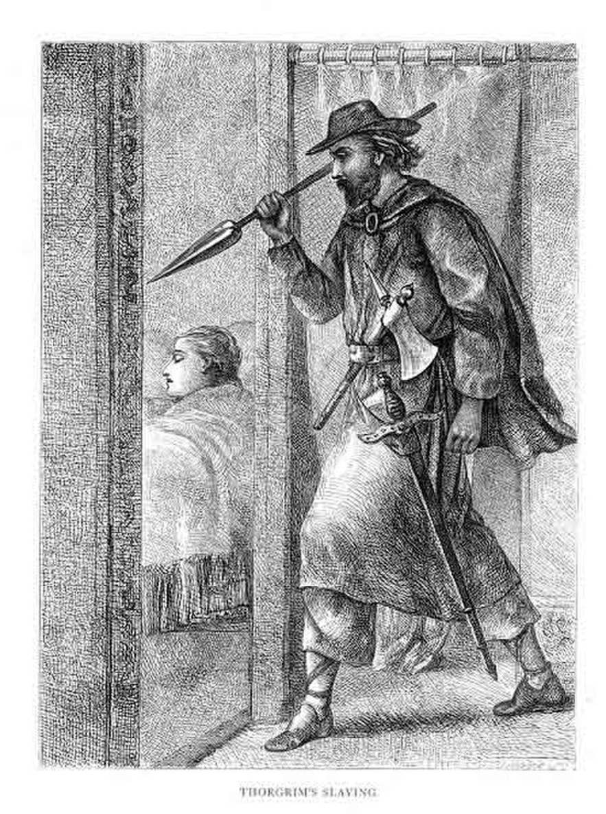 19th-century illustration of Gísli Súrsson slaying Þorgrímur goði at Sæból in Haukadalur, from the 1866 English translation of Gísla saga