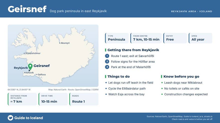 Infographic about Geirsnef: key facts, directions, things to do and what to know before you go, with a map of Iceland