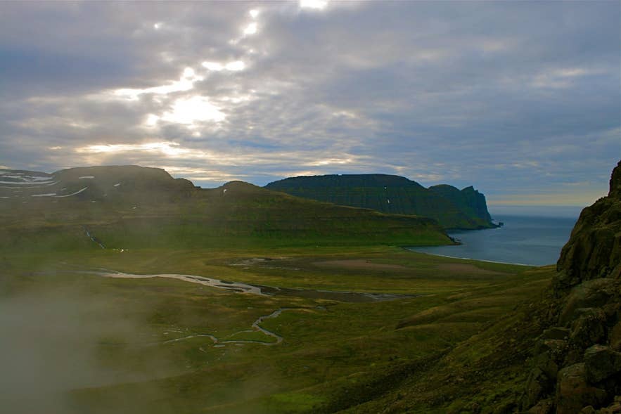 Hornvík bay in the Hornstrandir Nature Reserve, the eastern end of the trail over Atlaskarð pass Hornvík bay in the Hornstrandir Nature Reserve, the eastern end of the trail over Atlaskarð pass
