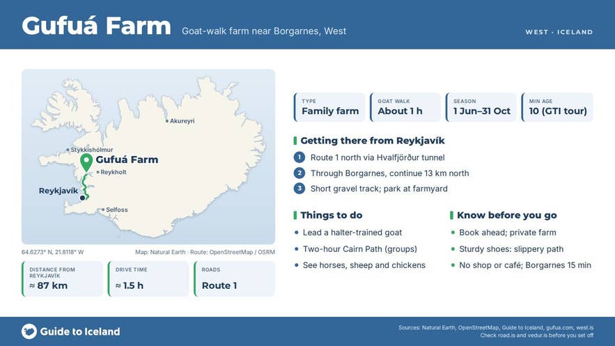 Infographic about Gufuá: key facts, directions, things to do and what to know before you go, with a map of Iceland Infographic about Gufuá: key facts, directions, things to do and what to know before you go, with a map of Iceland
