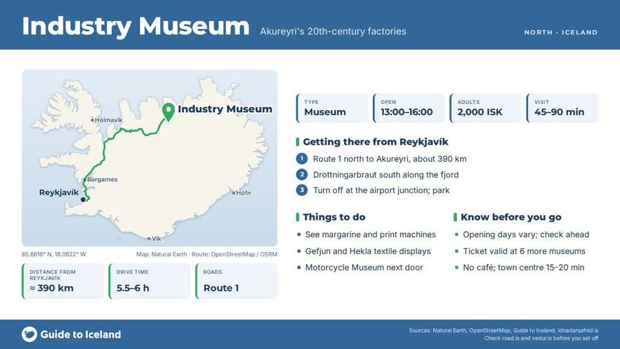 Infographic about Akureyri Industry Museum: key facts, directions, things to do and what to know before you go, with a map of Iceland
