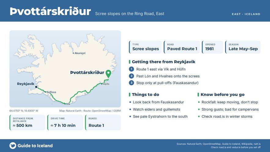 Infographic about Þvottárskriður: key facts, directions, things to do and what to know before you go, with a map of Iceland