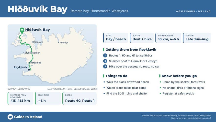 Infographic about Hlöðuvík: key facts, directions, things to do and what to know before you go, with a map of Iceland Infographic about Hlöðuvík: key facts, directions, things to do and what to know before you go, with a map of Iceland