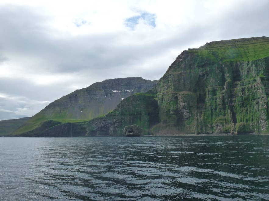 The green cliffs of Hornbjarg seen from a boat between Hornvík and Látravík
