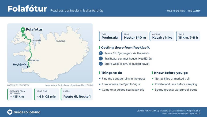 Infographic about Folafótur: key facts, directions, things to do and what to know before you go, with a map of Iceland Infographic about Folafótur: key facts, directions, things to do and what to know before you go, with a map of Iceland