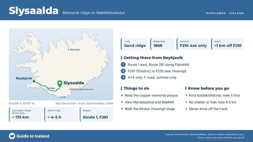 Infographic about Slysaalda: key facts, directions, things to do and what to know before you go, with a map of Iceland