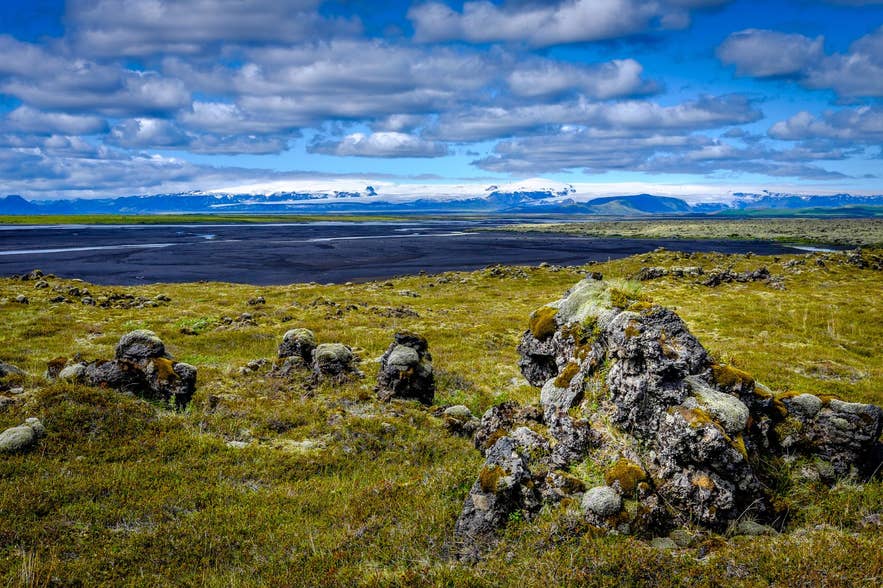 Eastern side of Mýrdalsjökull seen across black sands from Meðalland, South Iceland